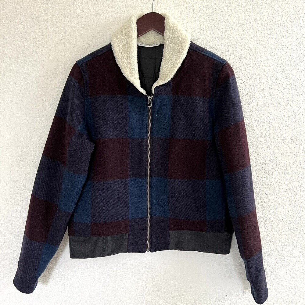 Woolrich Womens Sherpa Collar Plaid Jacket Size M Blue Red